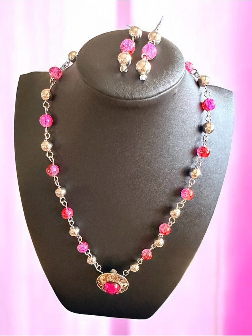 Handcrafted Pink Bead Necklace and Earrings Set